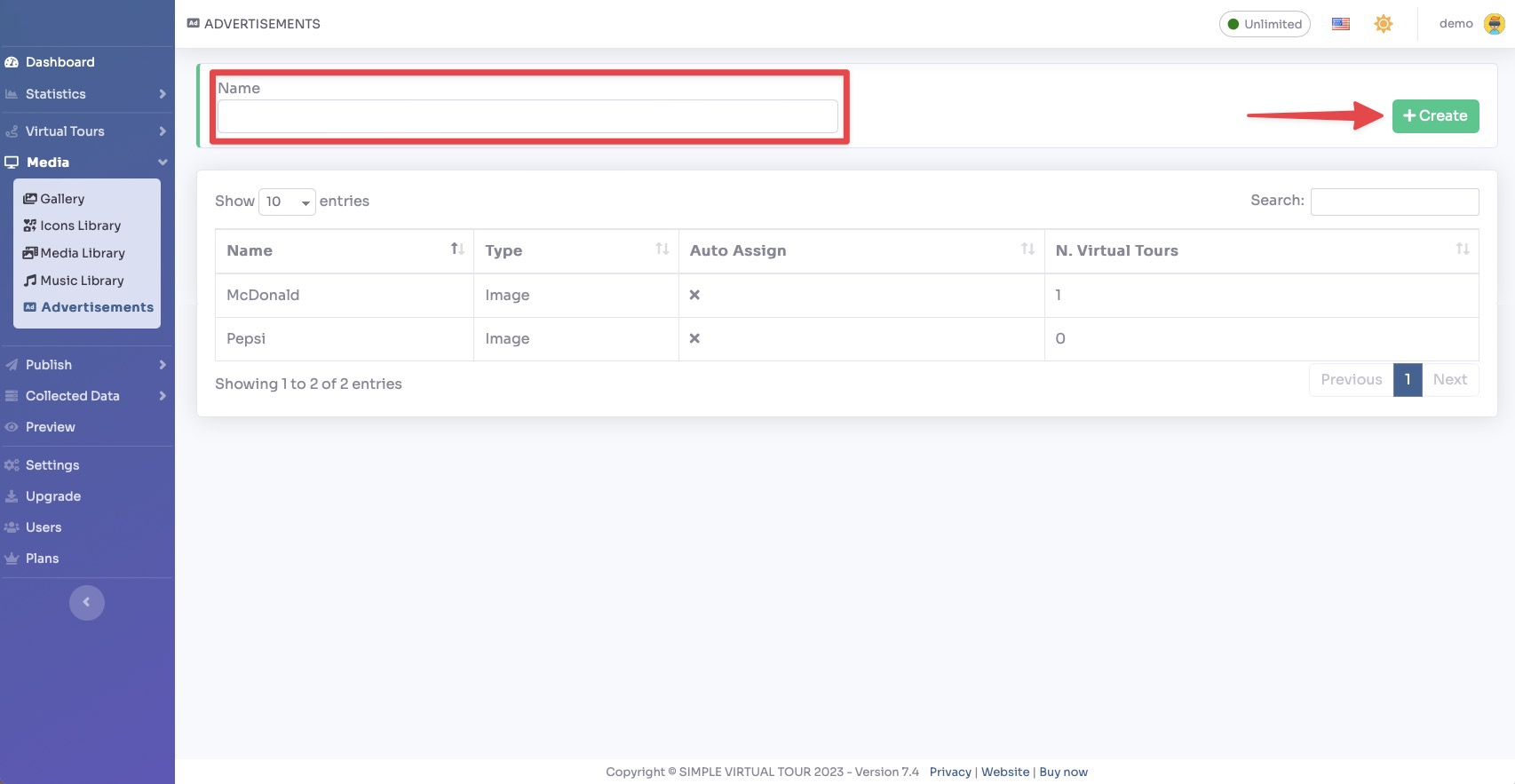 Advertisements settings tab