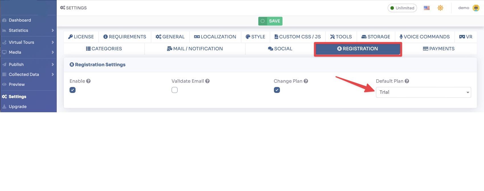 Toggle features and menu items for trial plan